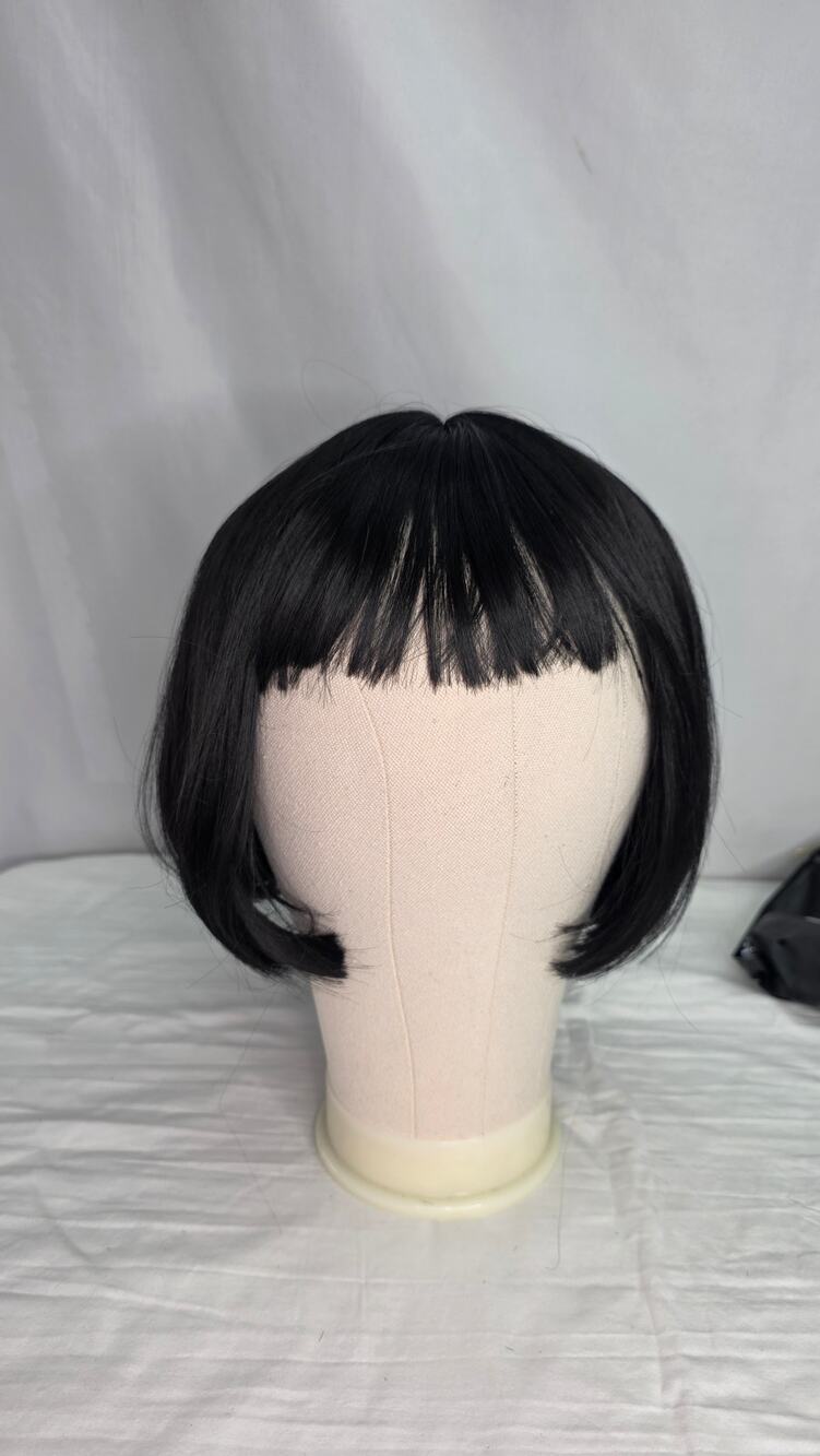 Black Bob Wig 10" Straight Synthetic Hair Bangs Adjustable Cap